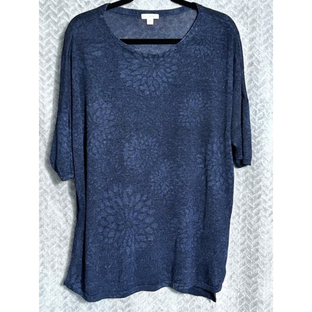 Pure Jill Soft Linen Knit Drop Sleeve in Navy Floral Design Size L Sheer Elegant